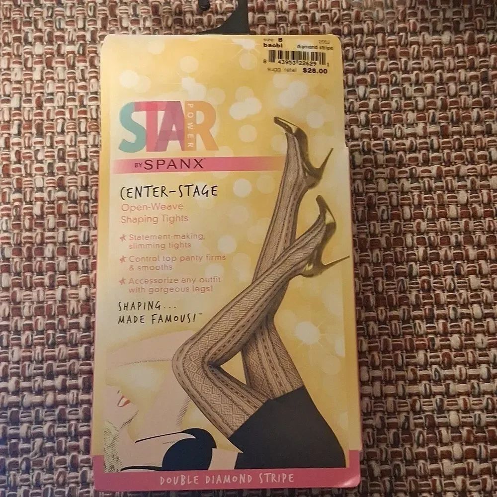 SPANX Star Center-Stage Blackdrop Black Double Diamond Stripe Patterned Tights B